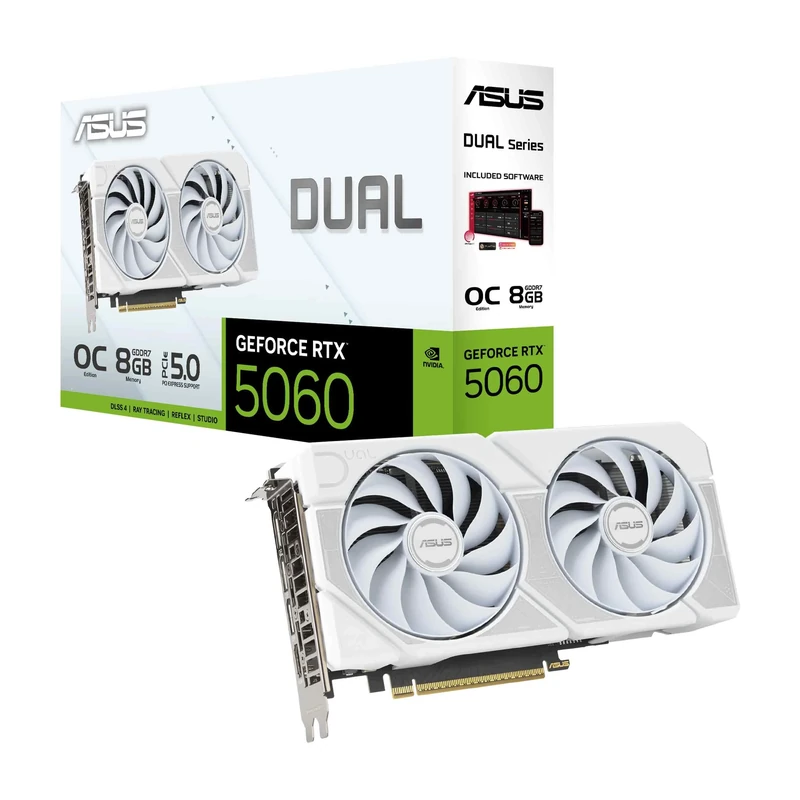 ASUS Dual GeForce RTX 5060 8GB GDDR7 White OC Edition (PCIe 5.0, 8GB GDDR7, DLSS 4, HDMI 2.1b, DisplayPort 2.1b, 2.5-slot design, Axial-tech fan design, 0dB technology) White