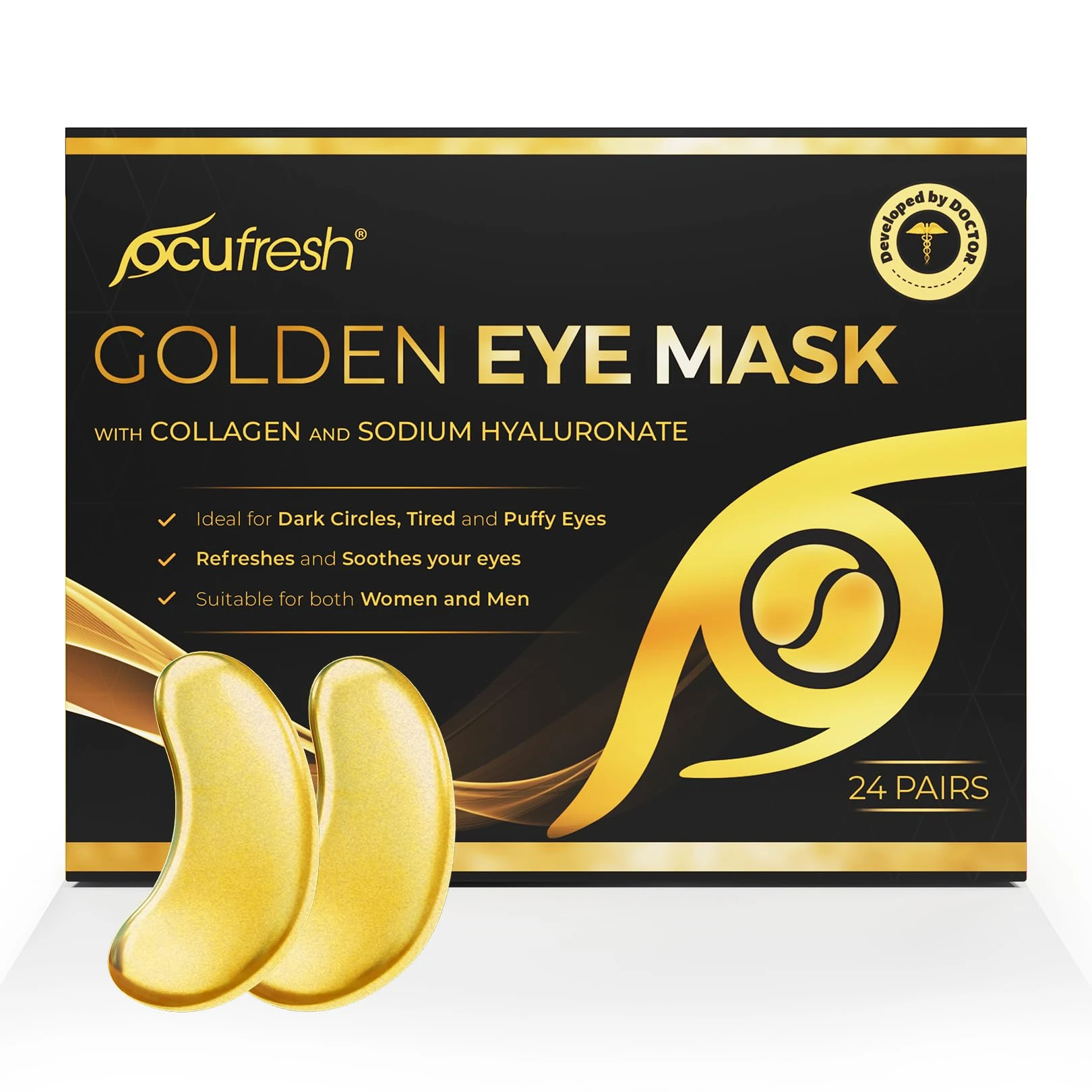 [24 Pair] Golden Eye Mask with Collagen & Hyaluronic Acid - Under Eye Patches for Dark Circles, Puffy Eyes, Wrinkles, and Hydration - Rejuvenating Eye Treatment for Bright, Smooth, and Youthful Skin