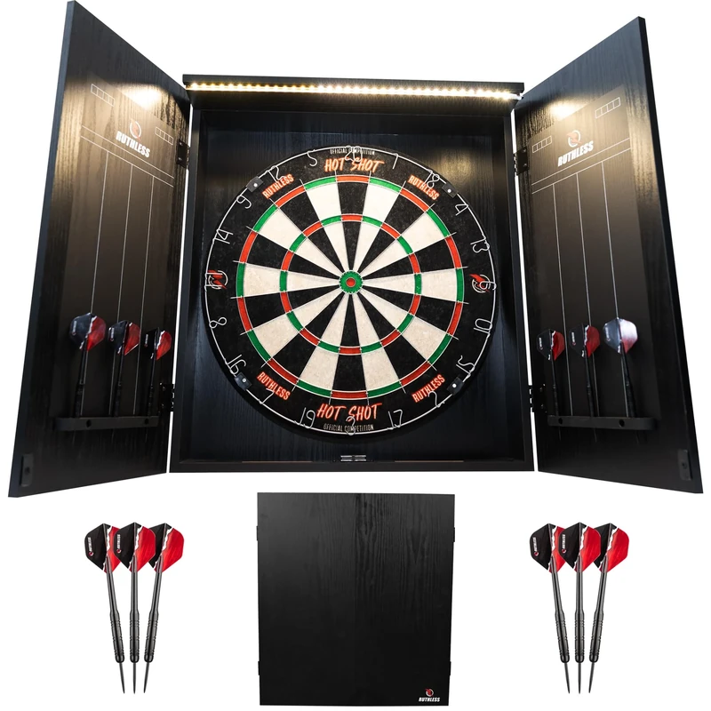 Ruthless Home Darts Centre With or Without LED Light Options | Home Dart Board Centre Including Cabinet, Dartboard and 2 Sets of Darts (USB)