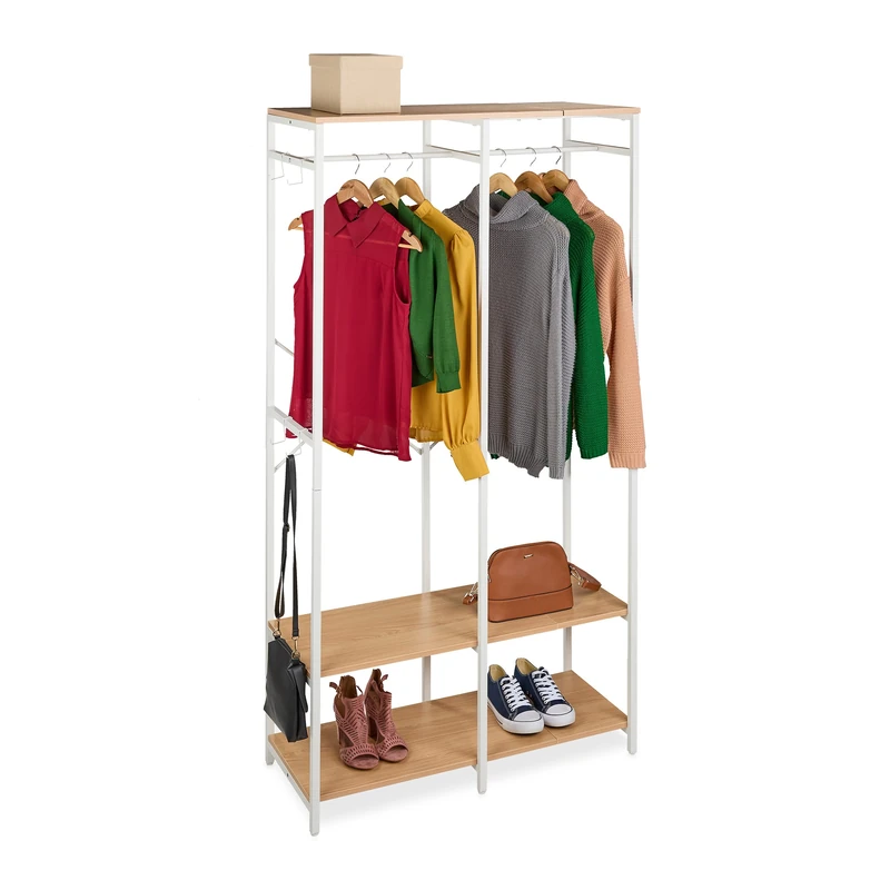 Relaxdays Open Wardrobe, Clothes Rack, Shelves & Rail, HWD: 180x94.5x40 cm, Metal, White/Natural - Image 1
