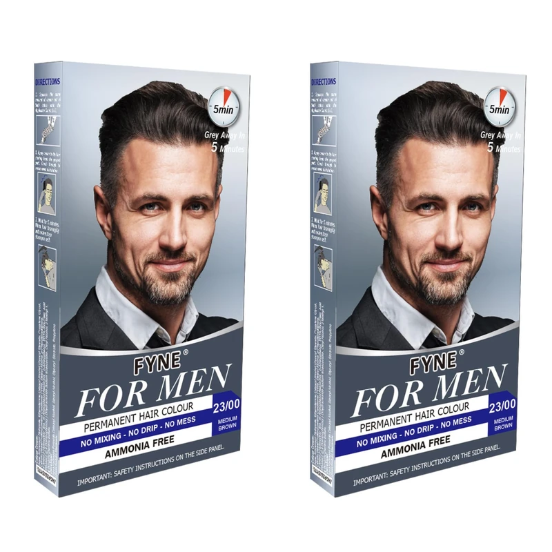 FYNE - Medium Brown Permanent Hair Colour, Natural-Look Hair Dye | Pack of 2 | Grey Hair Colouring for Men with Comb Applicator Included | No Mixing Ready to Apply | Ammonia and Cruelty-Free