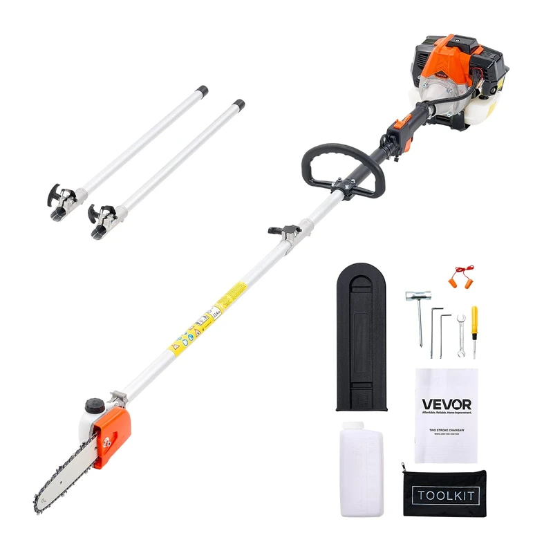 VEVOR Gas Pole Saw, 33CC 2 Stroke Gas Powered Pole Saws with 8 in Cutting Bar, Cordless Tree Trimmer with 30 fl.oz Fuel Tank, 6.7 to 11.6 ft Extendable, Powerful Chainsaw for Tree Trimming Pruning