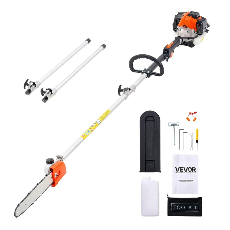 VEVOR Gas Pole Saw, 25CC 2 Stroke Gas Powered Pole Saws with 12 in Cutting Bar, Cordless Tree Trimmer with 23 fl.oz Fuel Tank, 7 to 12 ft Extendable, Powerful Chainsaw for Tree Trimming Pruning