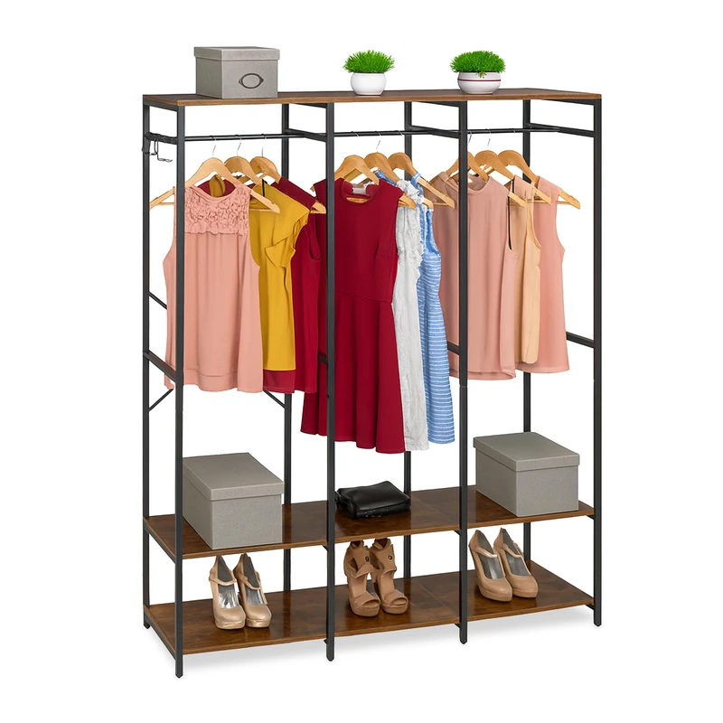 Relaxdays Open Wardrobe, Clothes Rack, Shelves & Rail, HWD: 180x141x40 cm, Metal, Black/Brown - Image 1