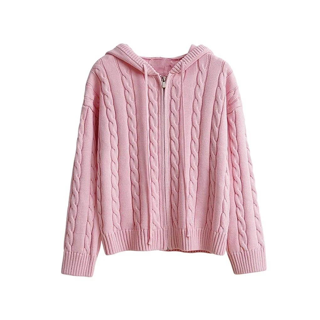 Hooded Cardigans for Women Zipper Long Sleeve Knitted Coat Chic Female Comfortable Sweater Pink M