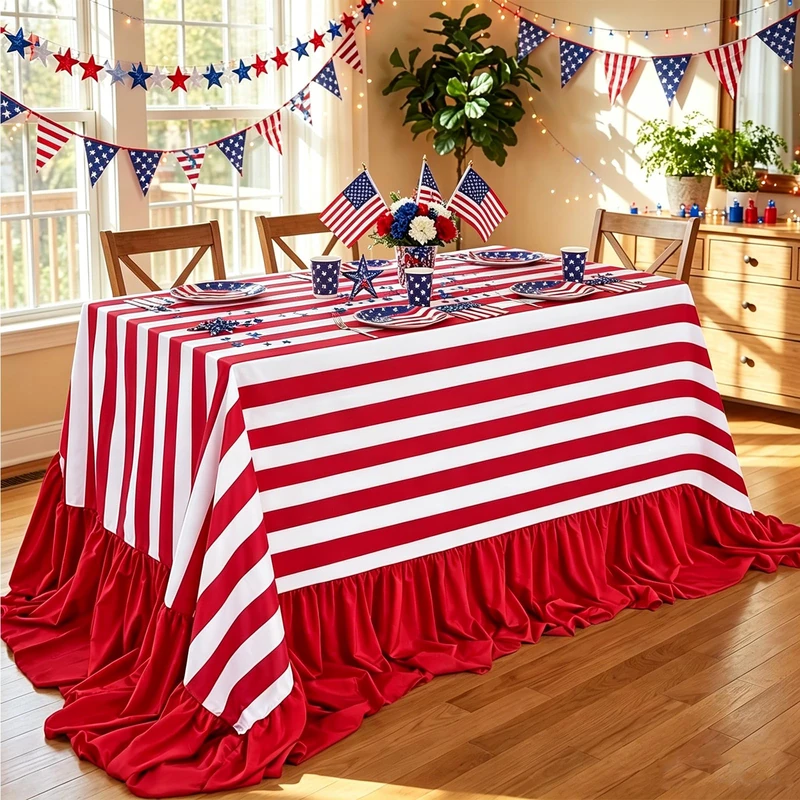 Fanqisi Ruffle Table Cloth Red and White Striped Tablecloth - 90 x 132 Inch Waterproof Tablecloths Rectangle Red Polyester Table Cover for Birthday Wedding Picnic Holiday Christmas Party Decoration