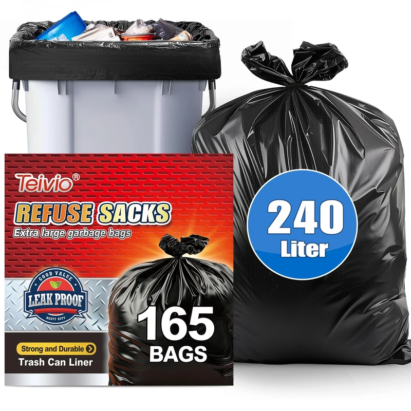 Teivio 240 L Large Black Wheelie Bin Liners 165 Counts, Heavy Duty Refuse Sacks, Strong Rubbish Bags Extra Large Lawn and Leaf Bags fit Outdoor Commercial Trash Can for Office, Workshops, Backyard