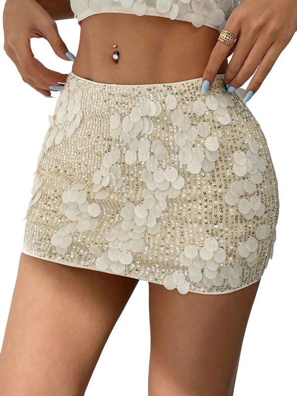Floerns Women's Contrast Sequin High Waist Shining Party Bodycon Mini Skirt, Light Yellow, L