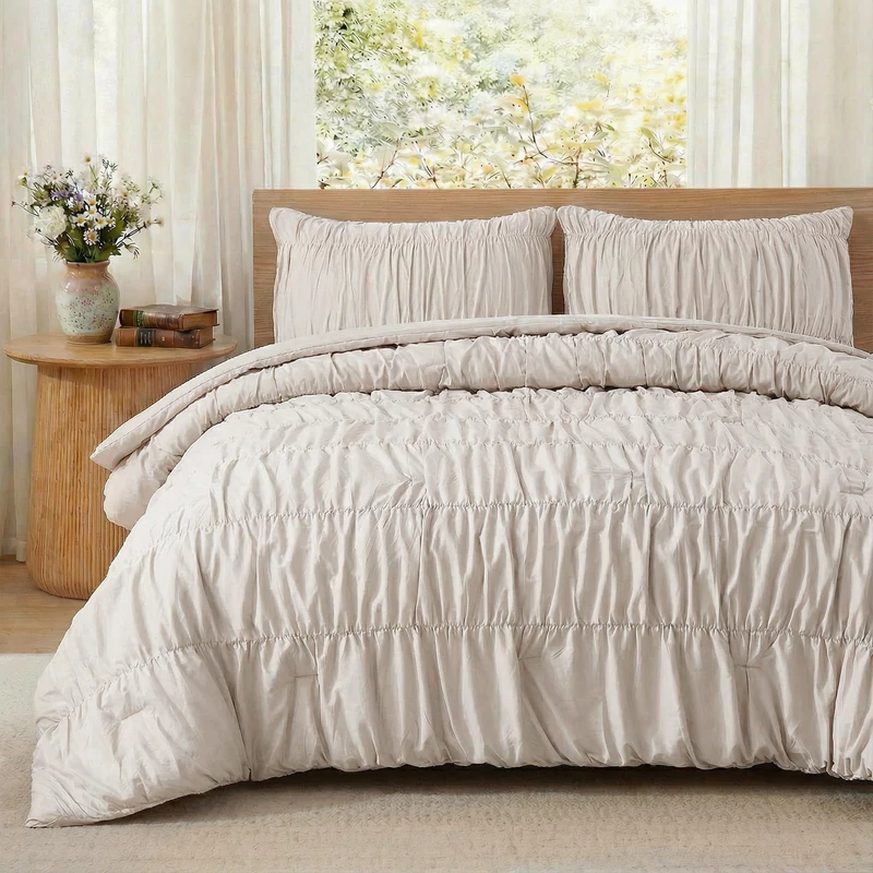 Bedbay Beige Ruched Duvet Cover King Size,100% Cotton Boho Bedding Set,Soft Breathable Wrinkled Comforter Cover 3 Pcs,Vintage Ruffled Farmhouse Rustic Beding Set for All Seasons