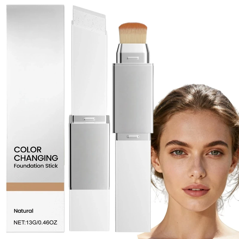 Color Changing Foundation Stick, V White Cover Cream Stick,2-In-1 Foundation Stick with Brush Head,Full Coverage Foundation Stick for All Skin Types,Portable Coverage Base Makeup for Travel,Natural