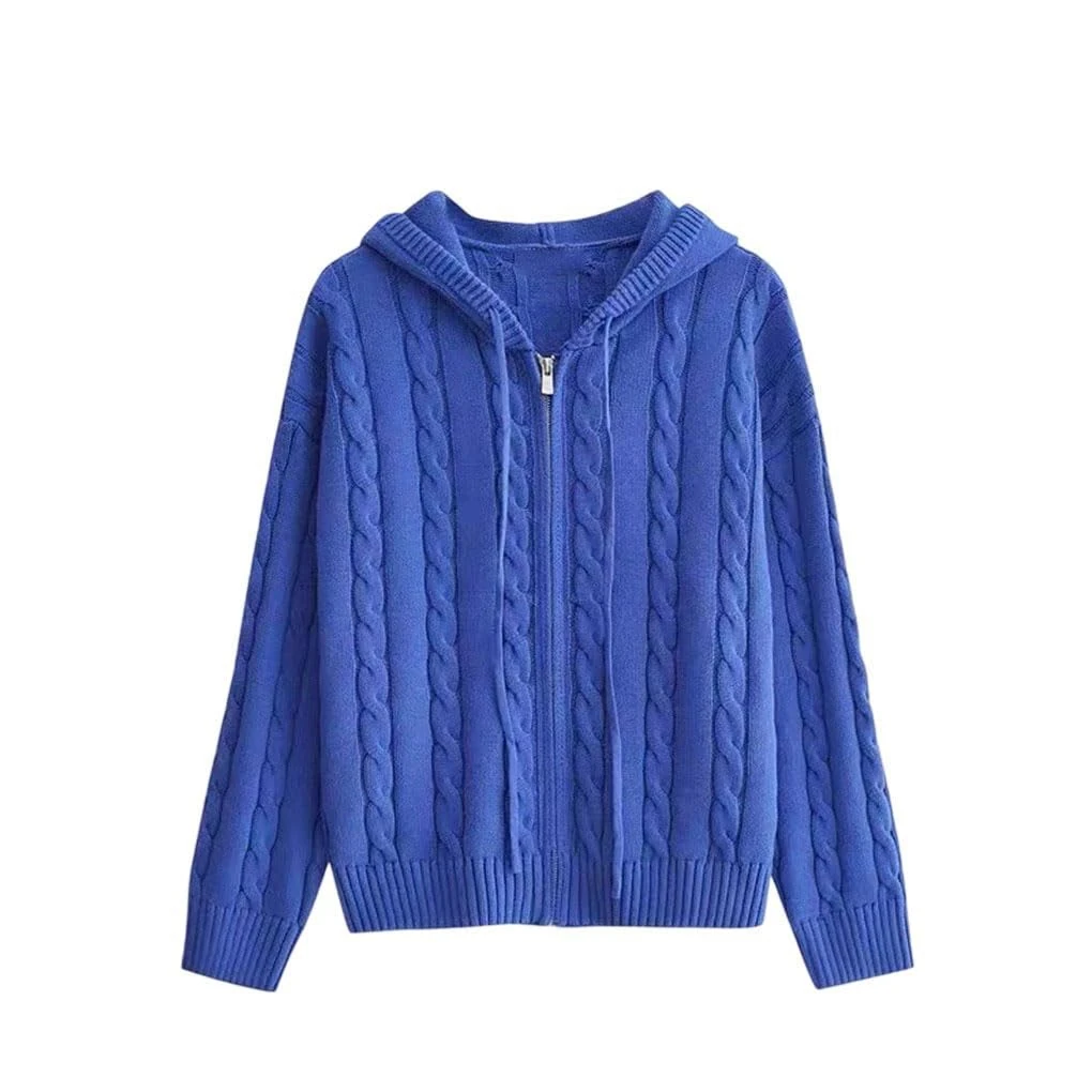 Hooded Cardigans for Women Zipper Long Sleeve Knitted Coat Chic Female Comfortable Sweater Blue M