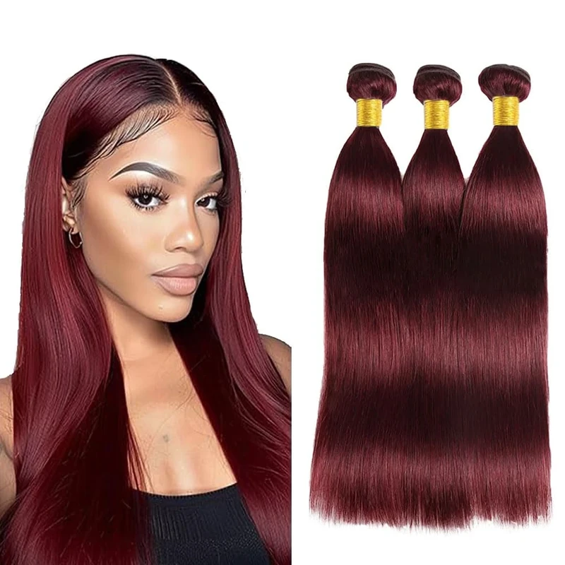 Jucames Straight #99j Burgundy Red Unprocessed Human Hair Bundles Weave 3 Bundles Total 150g Virgin Double Weft Human Hair Extension Wine Red Color 18 20 22 Inch