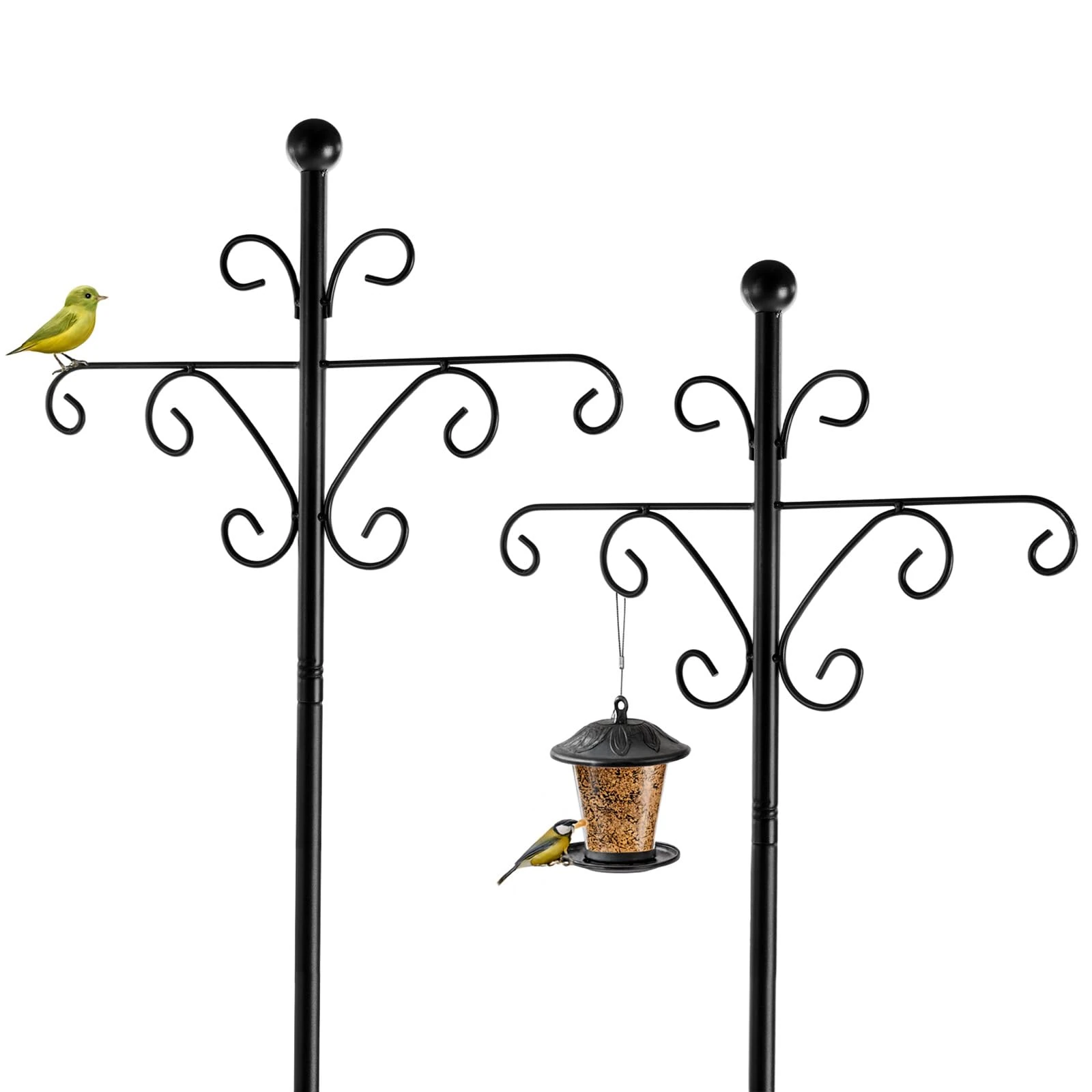 Bird Feeders Hanging Station196CM Free Standing Bird Feeder Pole with Double Shepherds Hooks Heavy Duty Metal Garden Hanging Station for Bird Feeding Station Black (2 Pack)