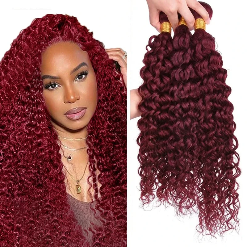 Jucames Water Wave Unprocessed #99j Burgundy Red Human Hair Bundles Weave 3 Bundles Total 150g Virgin Double Weft Human Hair Extension Wine Red Color 18 20 22 Inch