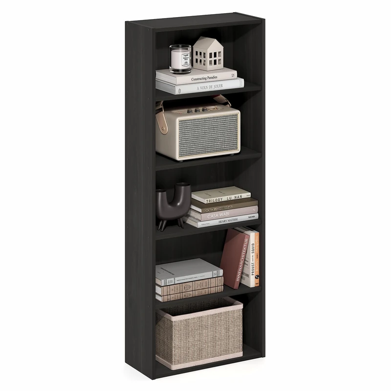Furinno BASIC Book Shelf, 5-Tier Bookshelf, Cube Storage Organizer Bookcase with Open Shelf, 7 x 17 x 44, for Living Room, Bedroom, Home Office, Espresso