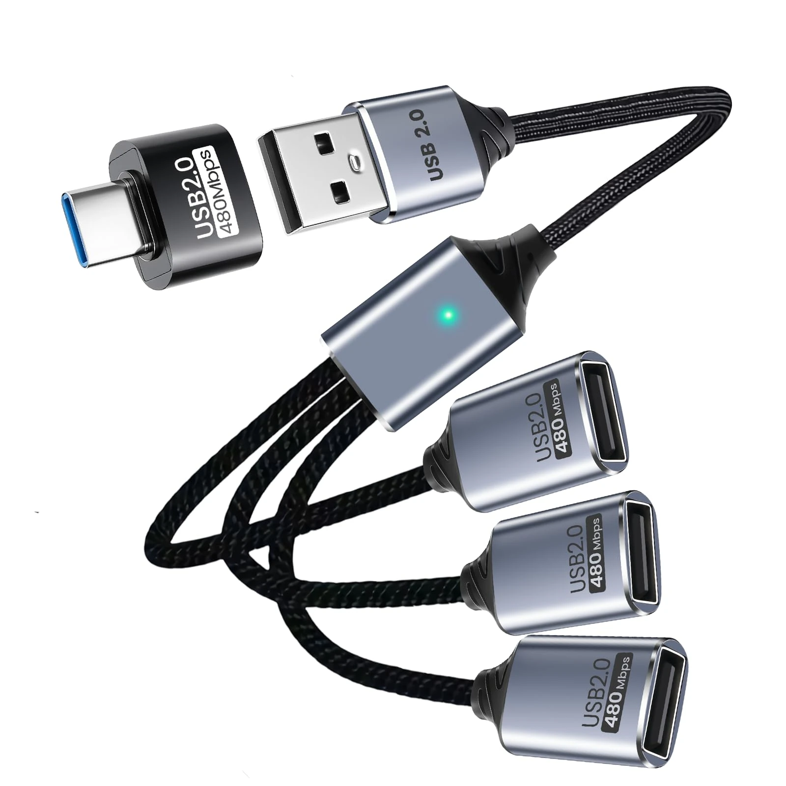 Seminer USB Splitter 3 Port With USBC Adapter for Laptop, 1 in 3 Out Extension Cable, Data and Power Cable Compatible with PC Keyboard Mouse Mac Flash Drive PS4 PS5 Printer