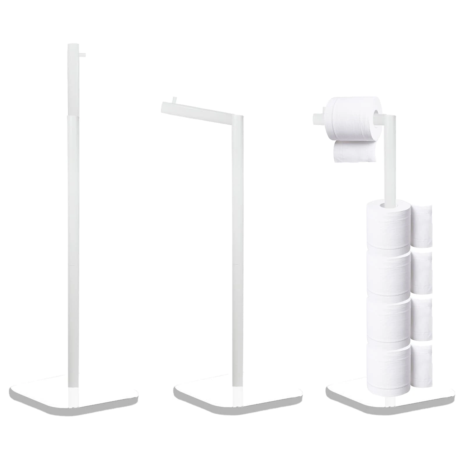 Toilet Roll Holder Free Standing with Heavy Duty Base, Stainless Steel Toilet Roll Holder for 6 Rolls, Stylish Chrome Finish, Practical Design Toilet Roll Storage Stand for Bathroom (White)