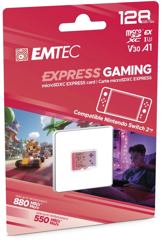 EMTEC, MicroSDXC 128GB UHS-I U3 V30 A1 Express Gaming Card Compatible with Nintendo Switch 2, High Speed Up to 880Mb/s, Extended Storage, Ideal for Video Games and Apps