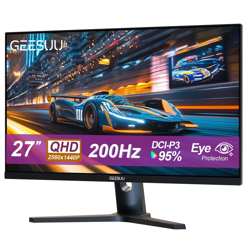 GEESUU 27 Inch Gaming Monitor, Computer Monitors 200Hz, PC Display QHD 1440p, IPS, 1ms, 95% DCI-P3, Eye-Care, Lowblue, HDMI 2.1 & DP 1.4 (No VESA)