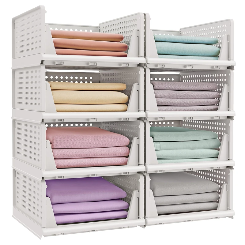 SONGMICS Stackable Wardrobe Storage, Foldable Closet Organiser, Set of 8 Pull-Out Baskets, Closet Storage and Organisation, Bedroom, Office, Bathroom, White LPC800WZ01