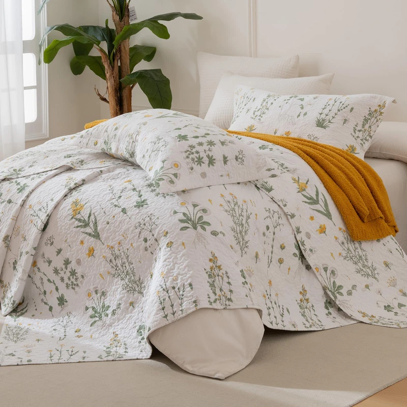 Lady Ann Cotton King Size Quilt Set - Yellow Floral & Green Leaves Pattern Botanical Printed Quilted Coverlet, 3 Pcs Lightweight Soft Cottagecore King Bedspread Set Shabby and Chic Bedding