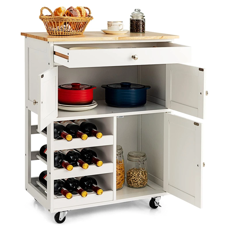 FANTASK Serving Trolley on Wheels, Kitchen Trolley with Drawers & 3-Tier Wine Rack & Worktop, Country Style Kitchen Trolley for Kitchen, Restaurant, Bar (White)