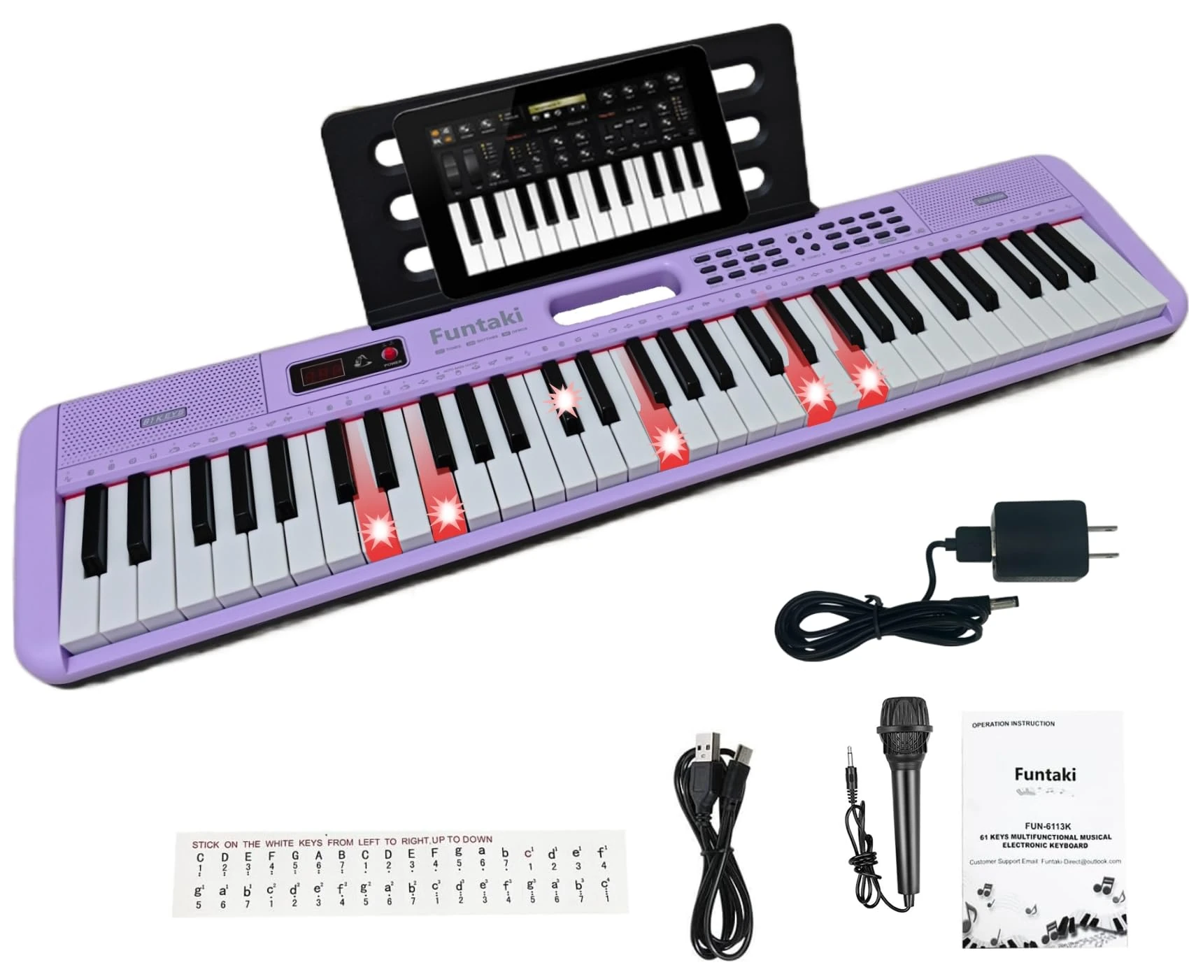 Funtaki 61-Key Electronic Keyboard Piano for Adults Kids with Light Up Keys, MIDI Connectivity & Learning Modes - Perfect Beginner Piano (purple)