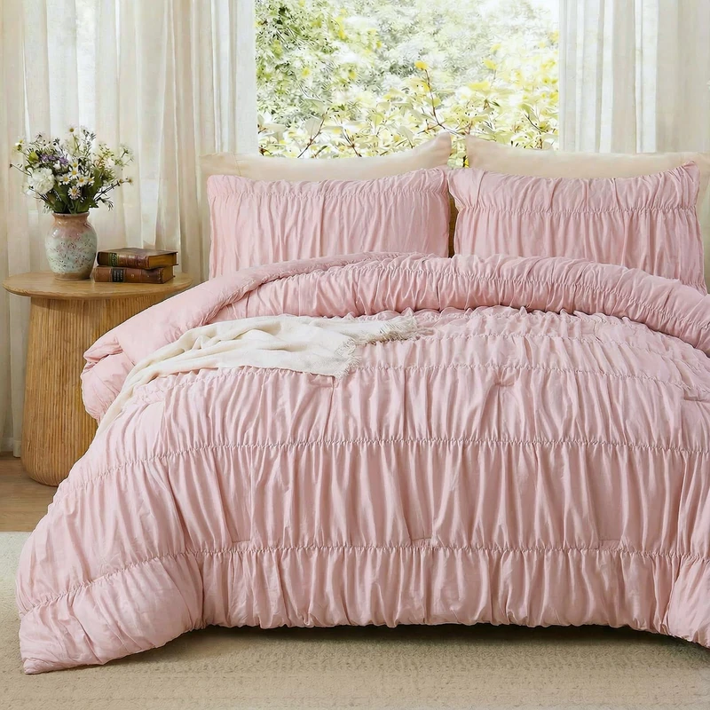 Bedbay 100% Cotton Ruched Duvet Cover King Size,Pink Wrinkle Comforter Cover,Aesthetic Decor Dorm Bedding Set,Pure Cotton 3 Pcs Boho Duvet Cover Set for Adults Girls Teen