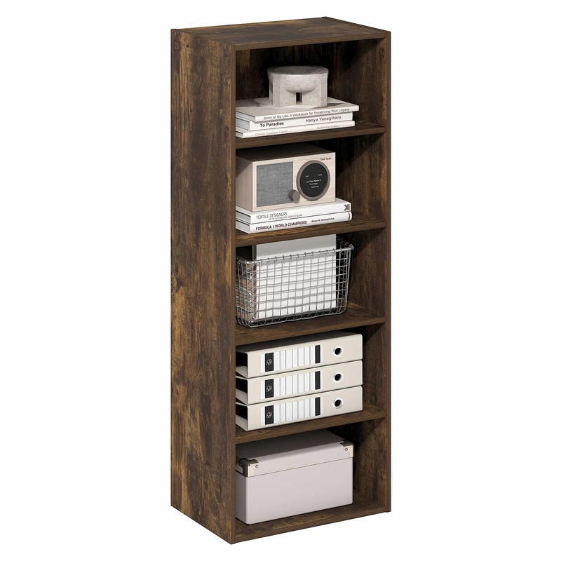 Furinno BASIC Book Shelf, 5-Tier Bookshelf, Cube Storage Organizer Bookcase with Open Shelf, 11 x 17 x 44, for Living Room, Bedroom, Home Office, Amber PINE