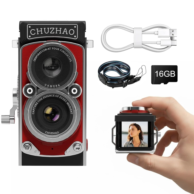 CHUZHAO Retro Digital Camera with Time Stamp, Portable TLR Vintage Camera 1080P FHD Video 12MP Photos Autofocus Mini Vlogging Camera with 16GB Card for Beginners Teens Adults, Red
