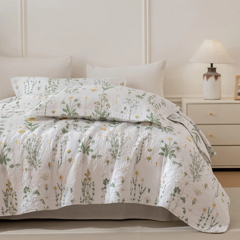 Sanracie Oversized King Bedspread 120"x120", 100% Cotton Botanical Printed Coquette Cottagecore Floral Quilt Set 3Pcs Soft Breathable Yellow Flower Green California King Bedspread for All Season