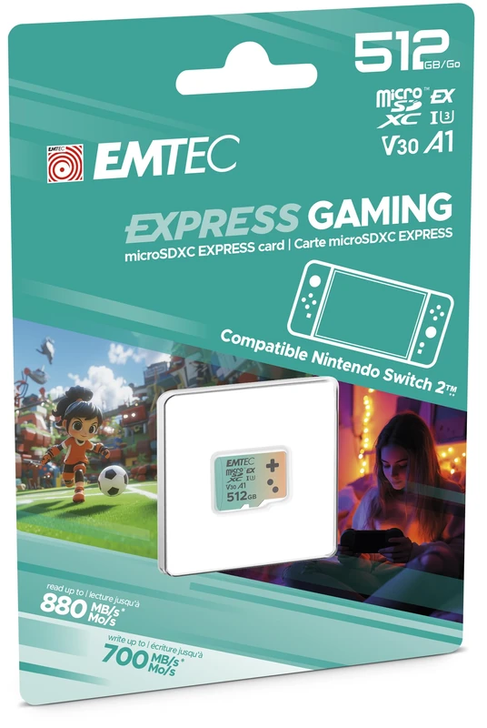 EMTEC, MicroSDXC Card 512GB UHS-I U3 V30 A1 Express Gaming, Compatible with Nintendo Switch 2, High Speed Up to 880Mb/s, Extended Storage, Ideal for Video Games and Apps