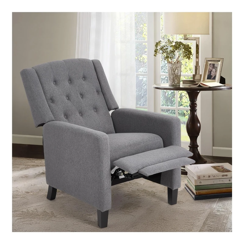 Warmiehomy Wing Back Recliner Chair Linen Fabric Lounge Recliner Armchair Reclining Chair with Solid Wood Legs for Living Room Bedroom (Grey)