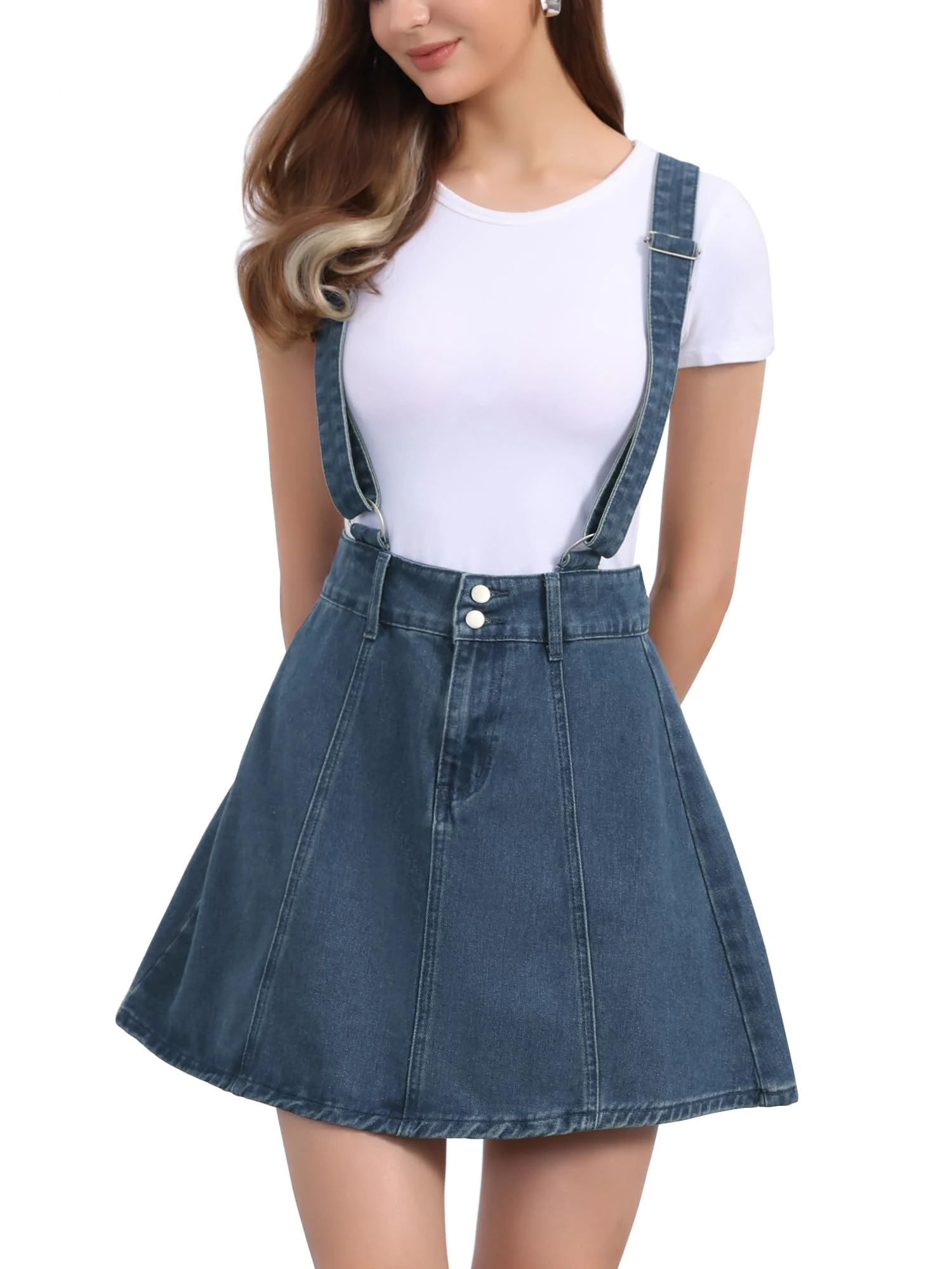 Allegra K Women's Washed Cotton Button Front Casual Mini Suspender Skirt Vintage Blue XS