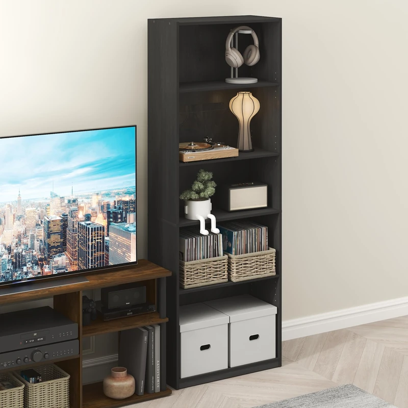 Furinno GEHRY DVD Shelf, 5-Tier CD Rack, Media Shelf with Adjustable Shelves, DVD Storage Cabinets for CD Blueray Game Disc, Easy Assembly, for Living Room, Home Office, Blackwood - Image 1