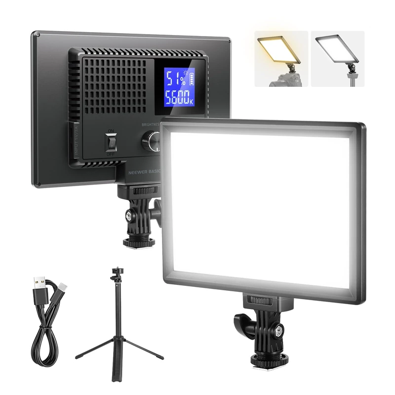 NEEWER Basics 9" LED Light Panel, 3200-5600K Edge Lit Dimmable Camera Soft Key Lighting with Desk Tripod Stand, CRI95+ 800Lux 4000mAh Rechargeable for Photography Video Recording Streaming, NL-120B