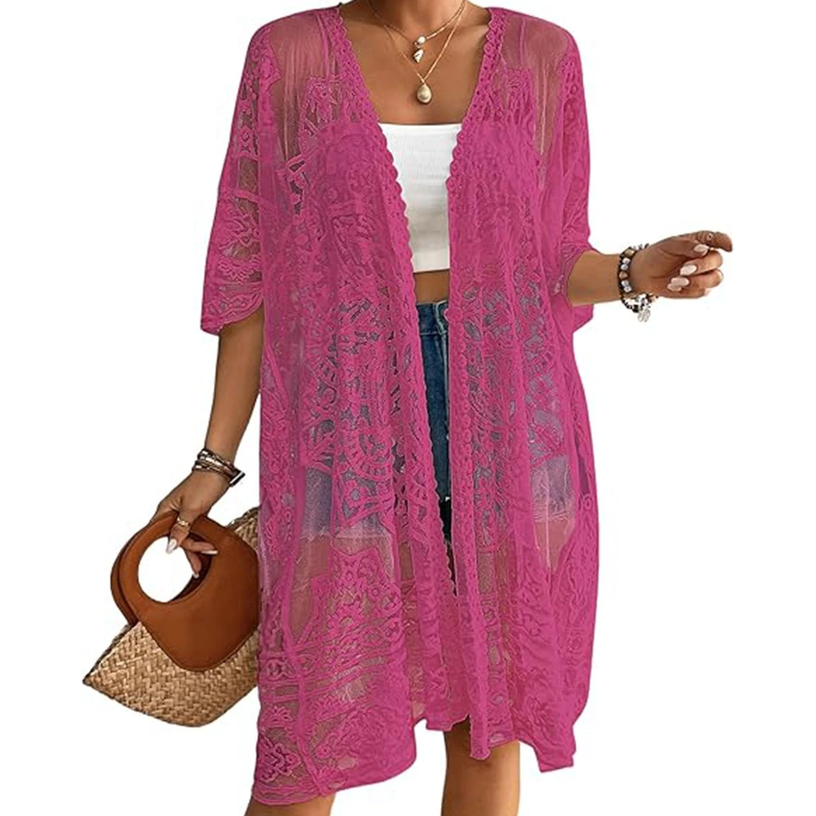 Women's Lace Kimono Cardigan Mesh Swimsuit Coverup 3/4 Sleeves Open Front Crochet Kimono Cardigan Bikini Cover Ups (A-Rose Red, One Size)