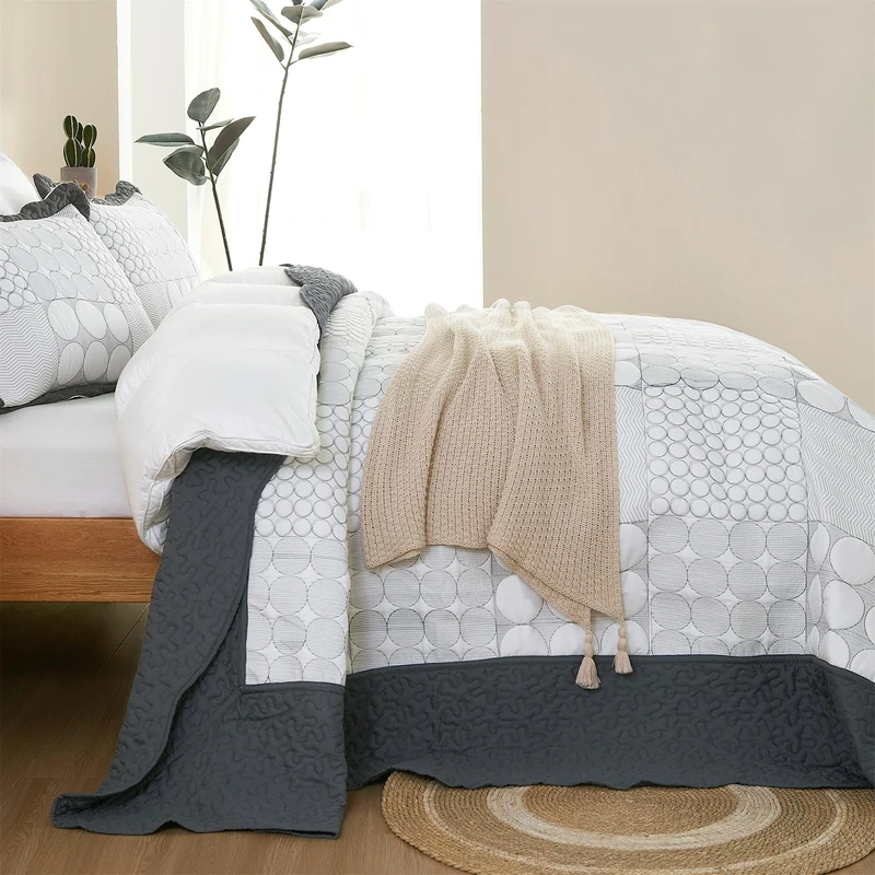 Oversized King Quilt Set Dark Grey-128x120 California King Bedspread with 2 Pillow Shams-Exquisite Plaid Embroidery Bedding Comforter for All Season-Lightweight Coverlet Drop to The Floor