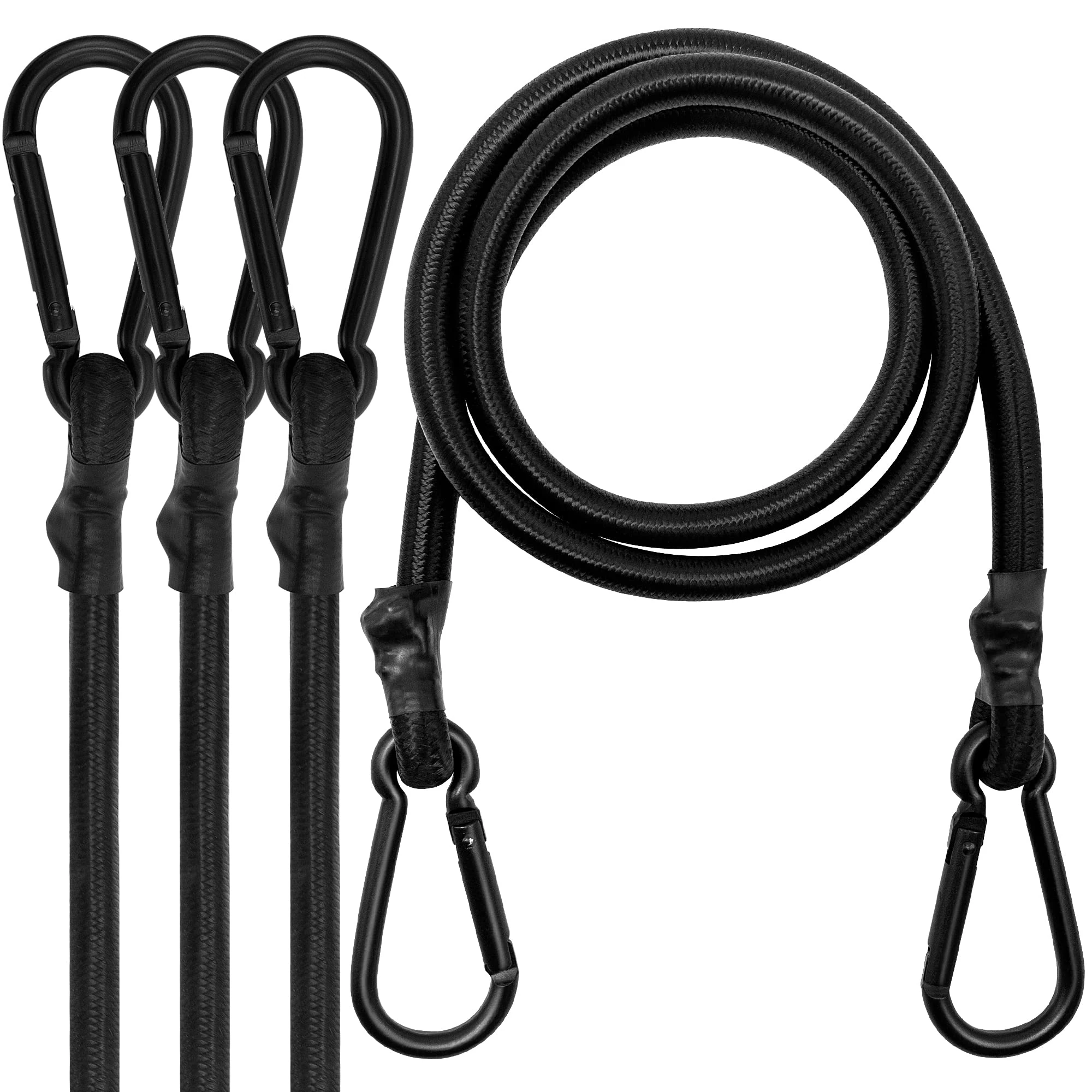 Bungee Cords with Carabiner Clips, 180 cm Long Heavy Duty Carabiner Bungee Cord, Extra Strong Black Bungee Straps with Carabiner Hooks for Camping, Tarps, Bike Rack, Tent, Car 4 Pack