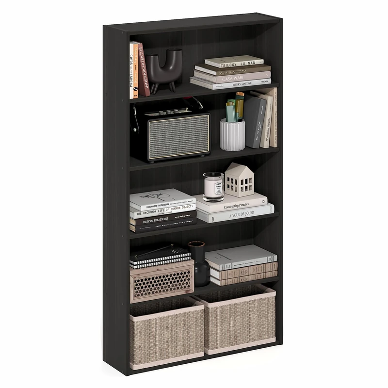 Furinno BASIC Book Shelf, 5-Tier Bookshelf, Cube Storage Organizer Bookcase with Open Shelf, 7 x 24 x 44, for Living Room, Bedroom, Home Office, Espresso