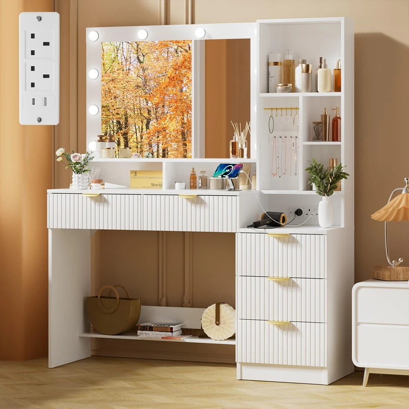 TRIUMPHKEY Dressing Table with Mirror and Lights,Vanity Desk with Drawers