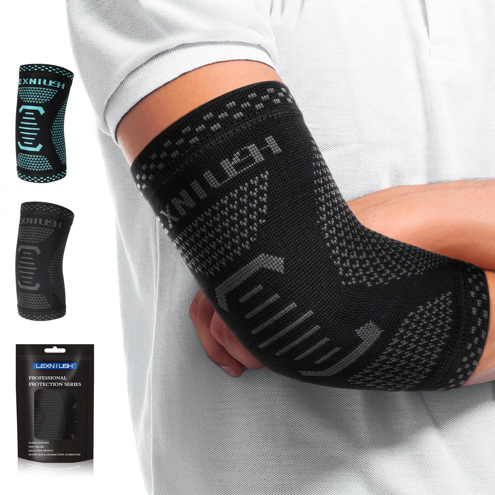 Lexniush Elbow Support for Men Women, Tennis & Golfers Elbow Brace for Tendonitis, Arthritis, Joint Pain Relief, Elbow Compression Sleeves for Weightlifting, Sports, Fitness, Golf, Gym Black Grey M
