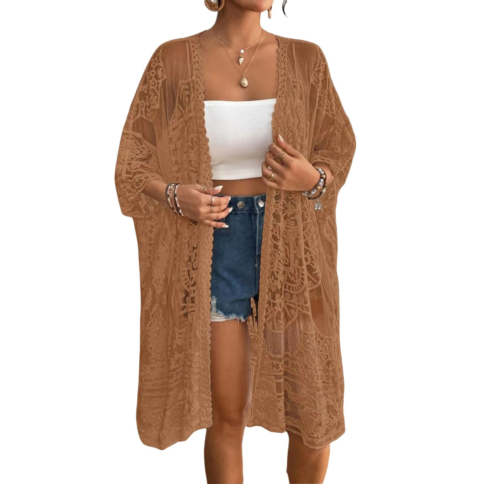 Women's Lace Kimono Cardigan Mesh Swimsuit Coverup 3/4 Sleeves Open Front Crochet Kimono Cardigan Bikini Cover Ups (A-Coffee, One Size)