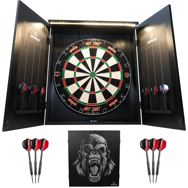 Ruthless Home Darts Centre | Complete Home Dart Board Centre Including Cabinet, Dartboard and 2 Sets of Darts (Gorilla + Light)