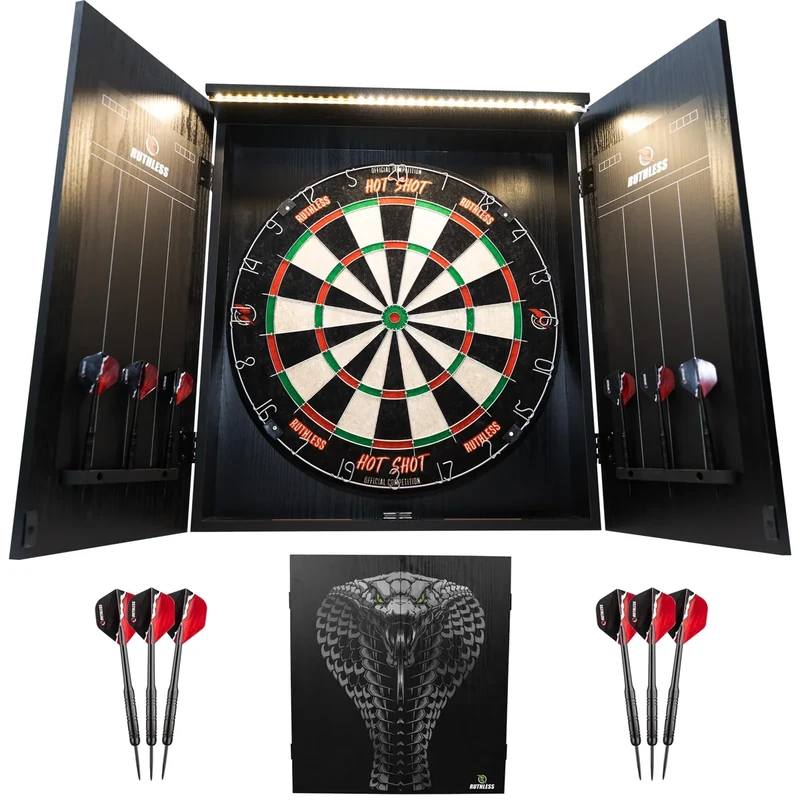 Ruthless Home Darts Centre | Complete Home Dart Board Centre Including Cabinet, Dartboard and 2 Sets of Darts (Cobra + Light)