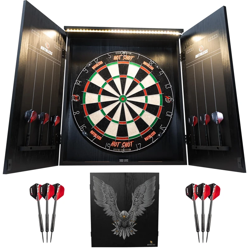Ruthless Home Darts Centre | Complete Home Dart Board Centre Including Cabinet, Dartboard and 2 Sets of Darts (Eagle + Light)