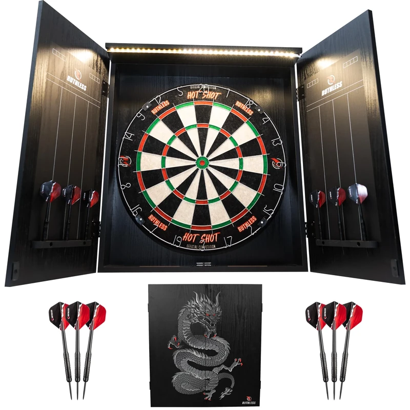 Ruthless Home Darts Centre | Complete Home Dart Board Centre Including Cabinet, Dartboard and 2 Sets of Darts (Dragon + Light)