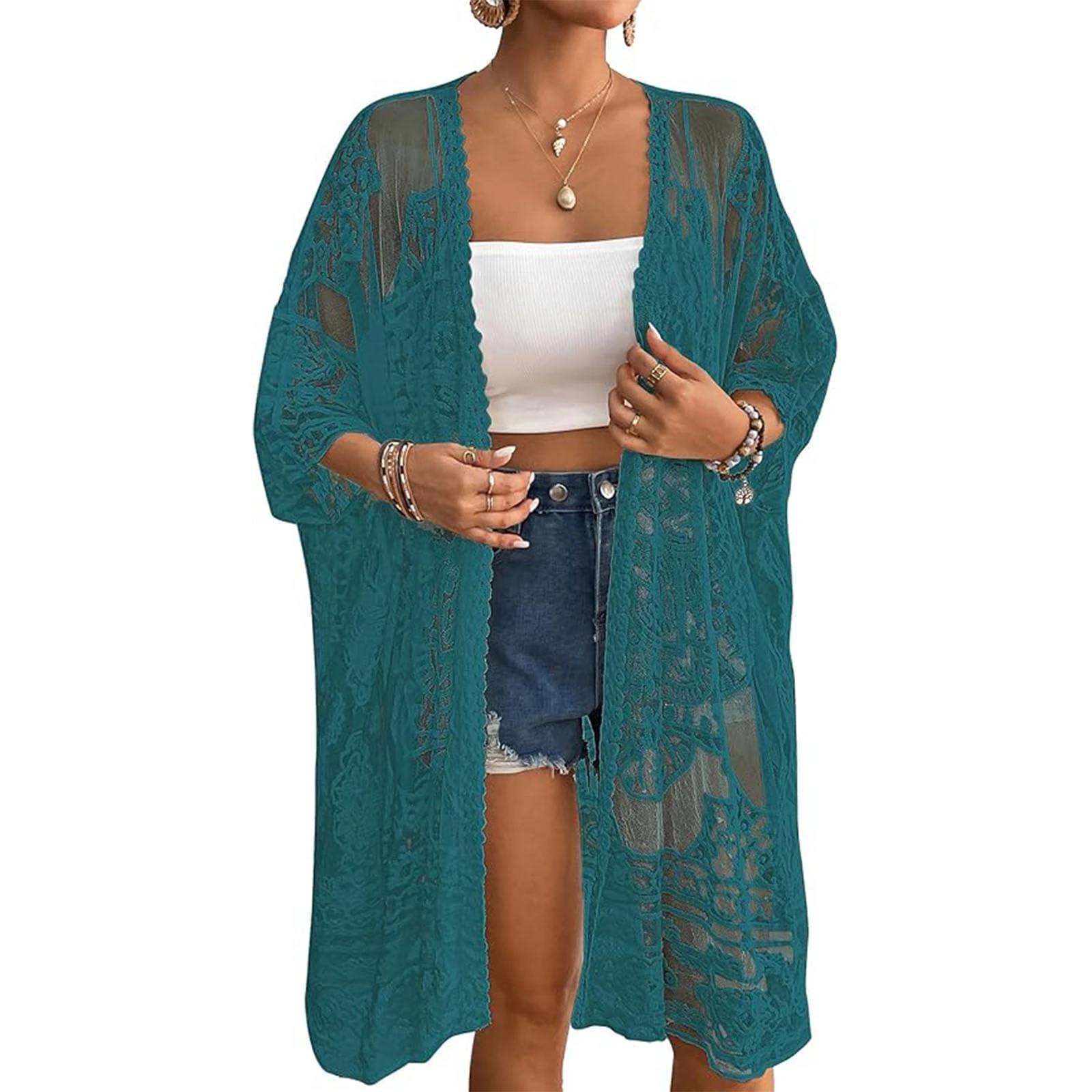 Women's Lace Kimono Cardigan Mesh Swimsuit Coverup 3/4 Sleeves Open Front Crochet Kimono Cardigan Bikini Cover Ups (A-Turquoise, One Size)