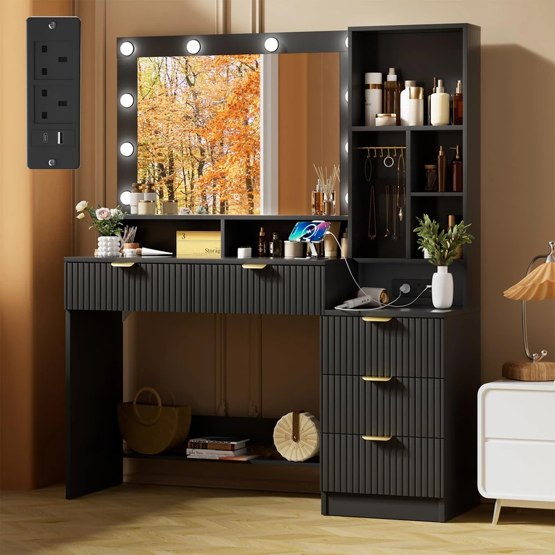 TRIUMPHKEY Dressing Table with Mirror and Lights,Vanity Desk with Drawers