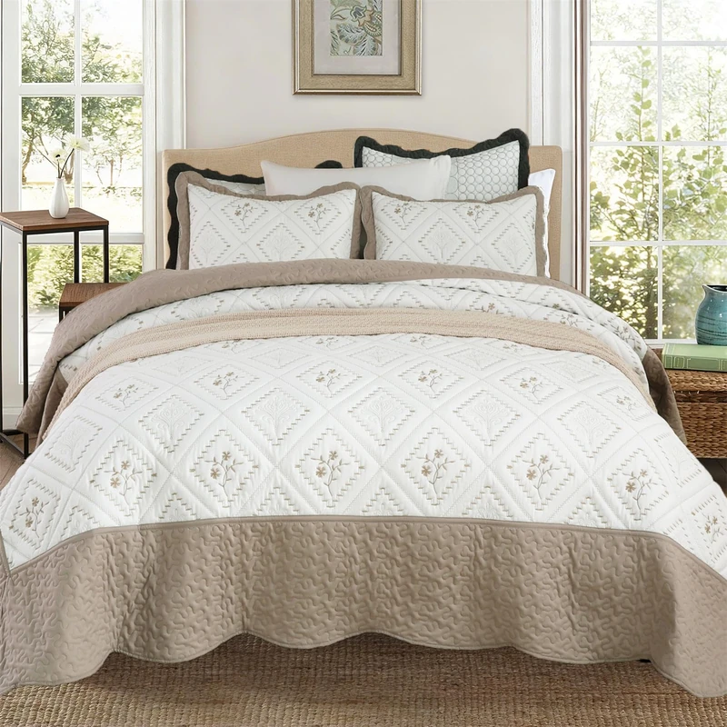 Cmfshape King Size Quilt Set Taupe-104 x90 Cal King Bedspread with 2 Pillow Shams-Exquisite Plaid Embroidery Bedding Comforter for All Season-Lightweight Coverlet